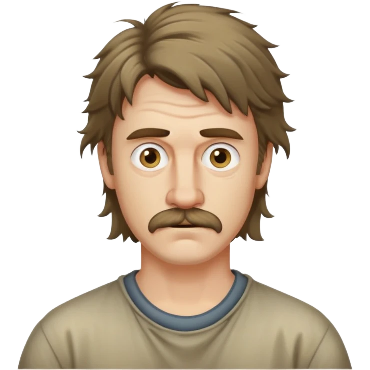 ugly white man. Eyes different sizes. unkept short mustache and short hair. long hair in back. dirtbag mullet. messy emoji