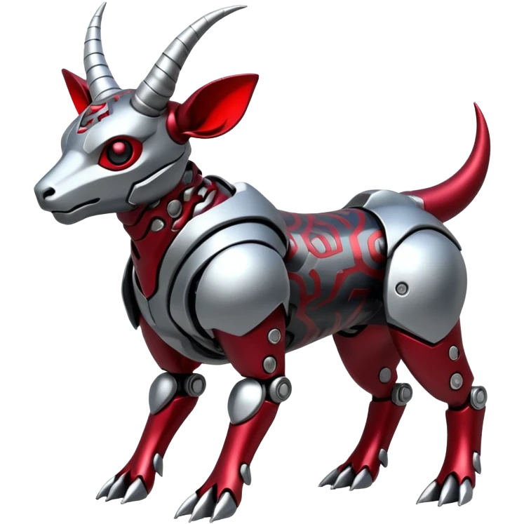 Futuristic mechanical cyborg horned modern badass cool shiny metallic alloy silver-grey black crimson-red white animal hybrid Fakemon full body with intricate patterns emoji