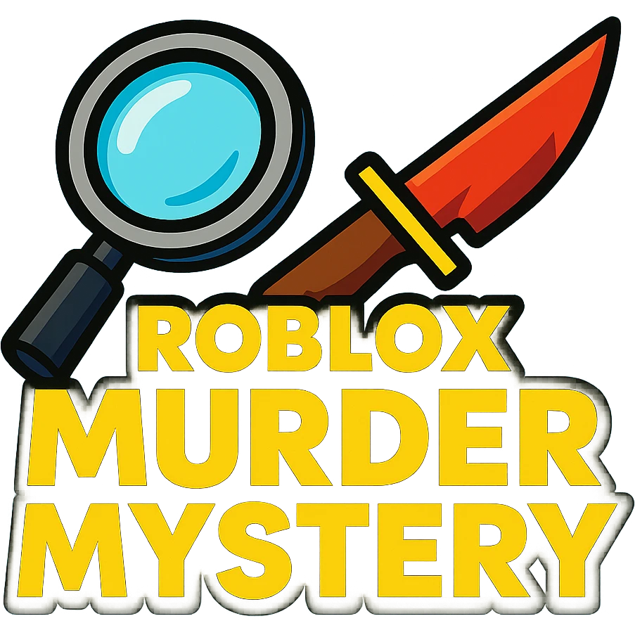 Roblox Murder Mystery logo with bold text, knife and magnifying glass, vibrant toon style emoji