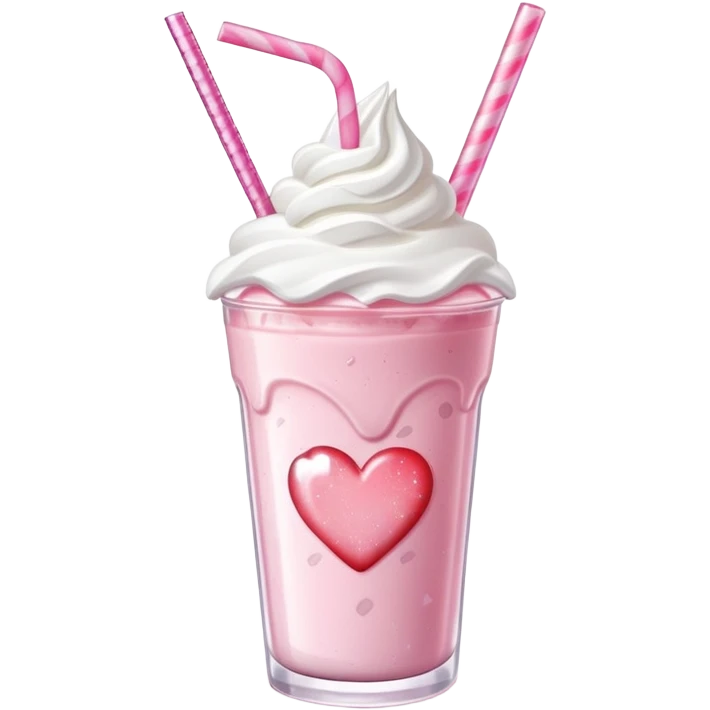 A cute pink strawberry milkshake in a glass cup with a heart-shaped straw, whipped cream on top, pink sparkles. emoji