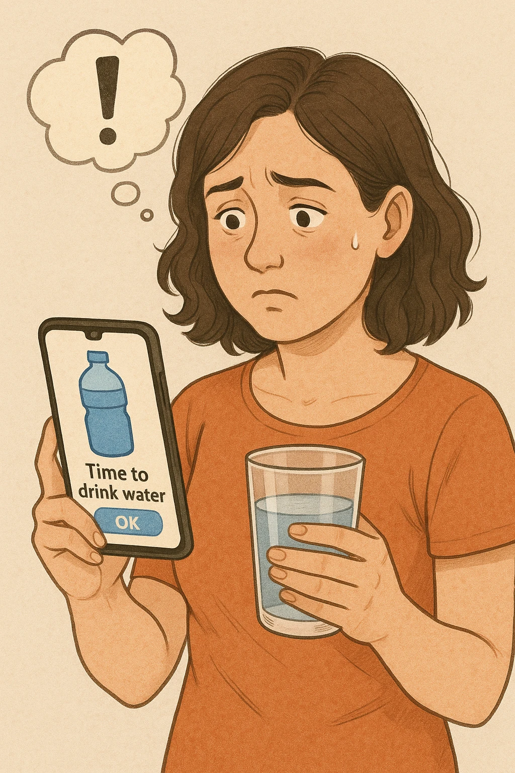Donna che usa App per ricordarsi di bere, altrimenti non beve mai in italiano emoji