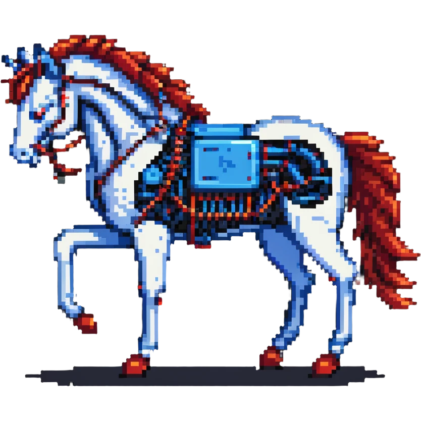 fast electric horse made of electricity, metal plates, bolts, visible blue and red wires, lightning coursing through its body, cybernetic emoji