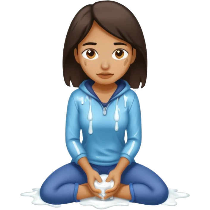 Kneeling Hispanic woman with sticky white liquid on face emoji