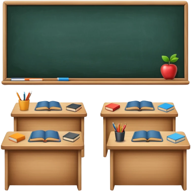 classroom with desks and a big blackboard, with books on desks emoji