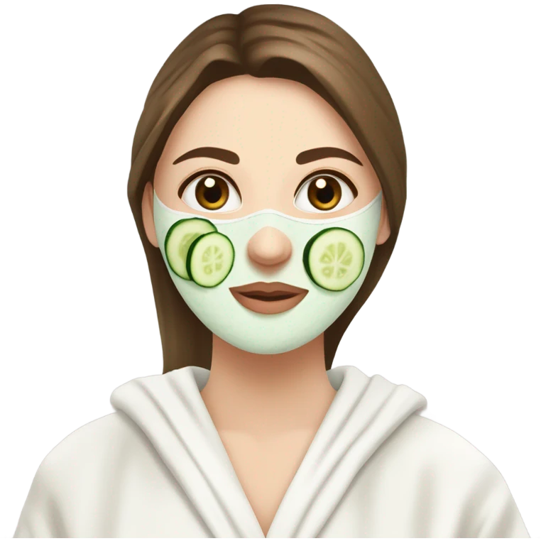 White girl with Brown hair and blue eyes wears a Green colored skincare clay textured mask and puts on cucumbers around her eyes while She relaxes in her white Robe emoji