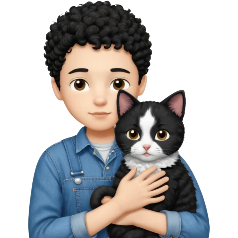 Apple emoji of a 13-year-old boy with short black curly hair, light skin, dark brown eyes, wearing a denim shirt and overalls, hugging a black and white cat. emoji