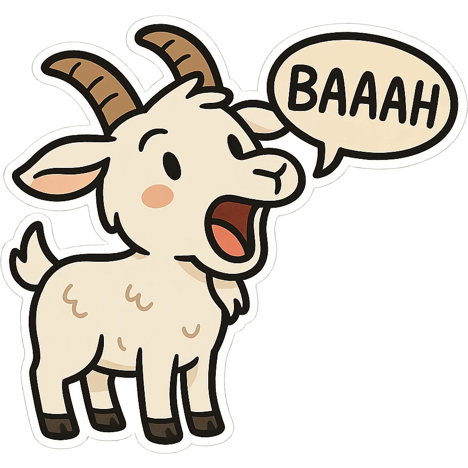 cartoon sticker style goat with mouth open saying 'baaah' (text included) emoji