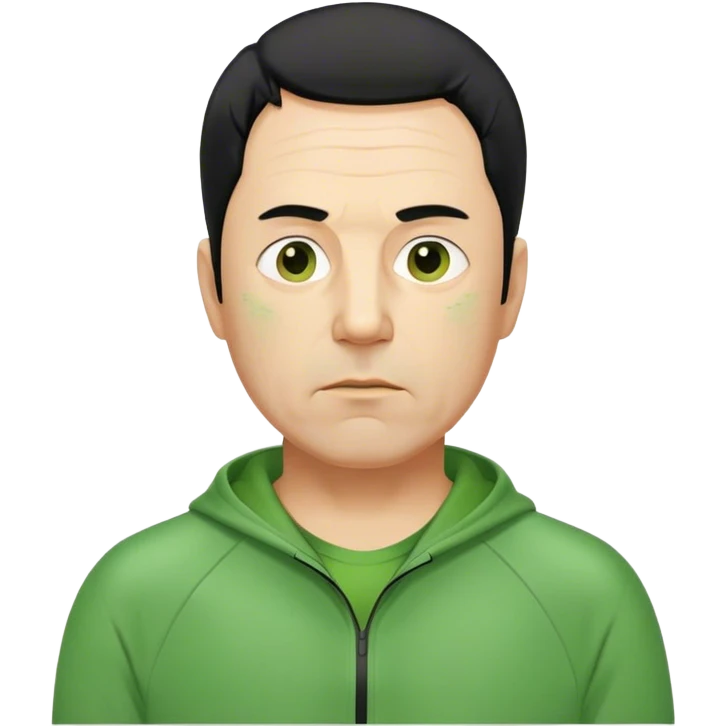 Kim is a middle-aged man, around 40 years old, green tracksuit.  His black hair, is unkempt and damp with sweat. emoji