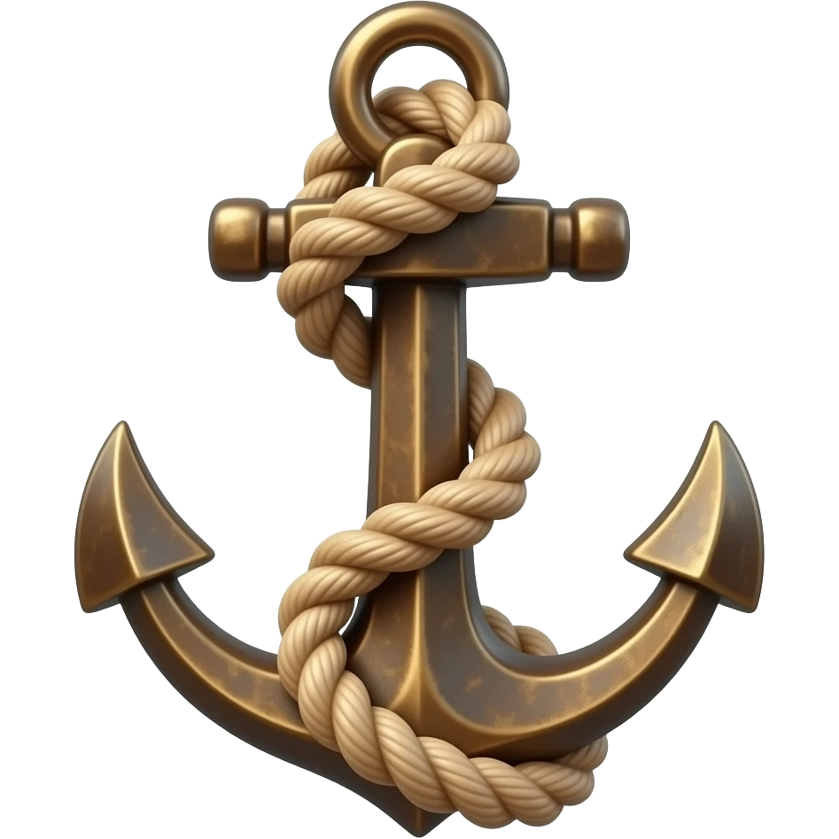 Ultra-realistic 3D bronze anchor with beige rope wrapped around minimal, detailed texture, soft reflections, studio lighting, minimal light background, centered composition. emoji