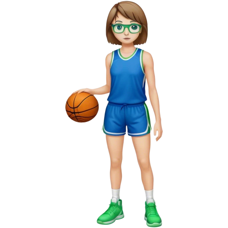Full Body white Girl with basketball short short brown hair with blond highlights wearing blue glasses with green eyes emoji