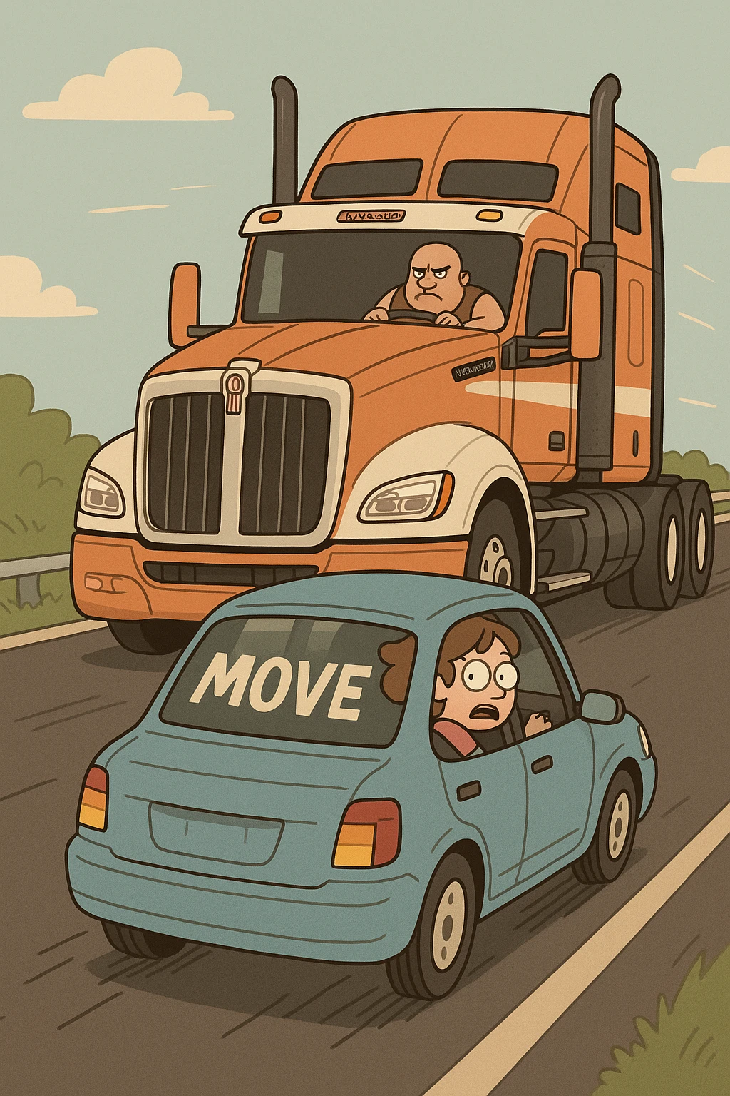 big semi sleeper truck Kenworth W680 2026 behind a small car with 'move' on its rear window, both vehicles on a road, lighthearted, dynamic, comic style emoji