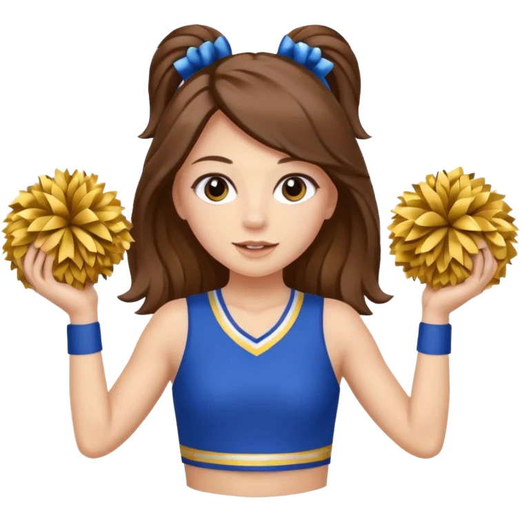 cheerleader with long brown hair and 2 pom poms blue and gold in each hand emoji