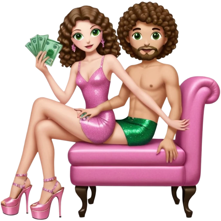 Sensual woman green eyes brown long curly hair evil occult,with 7 inch platform stripper high heels pink with glitter dress, holding a Spanish man, sitting on a buzz cut hair man’s pimp lap, holding cash emoji