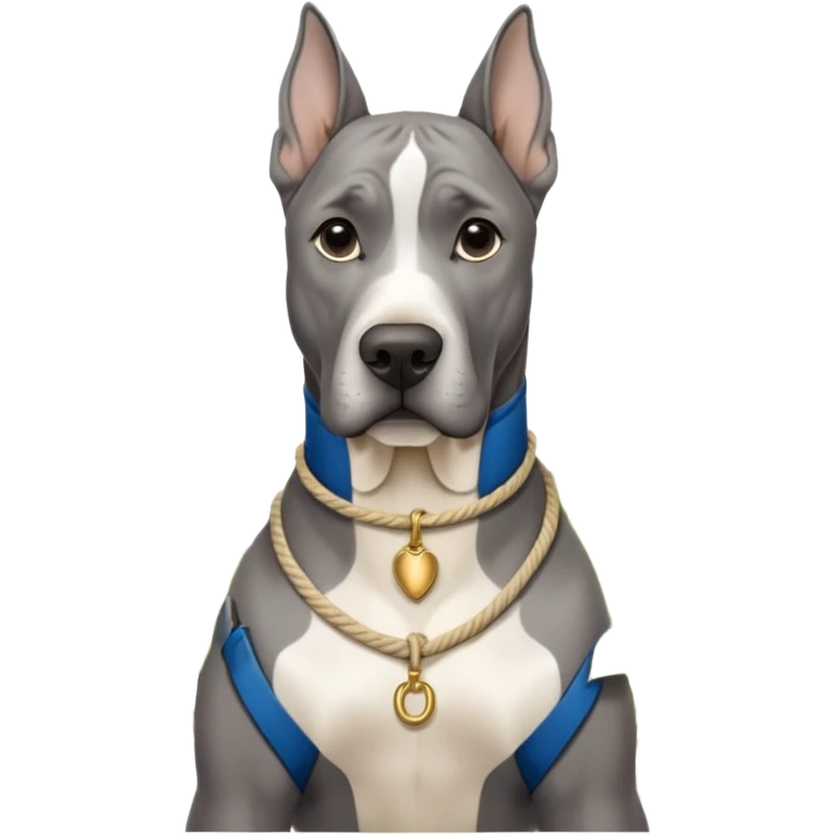 Gray Great Dane with natural ears white rope collar and rope Leash with gold accents sotting near a white hydrangea bush  emoji