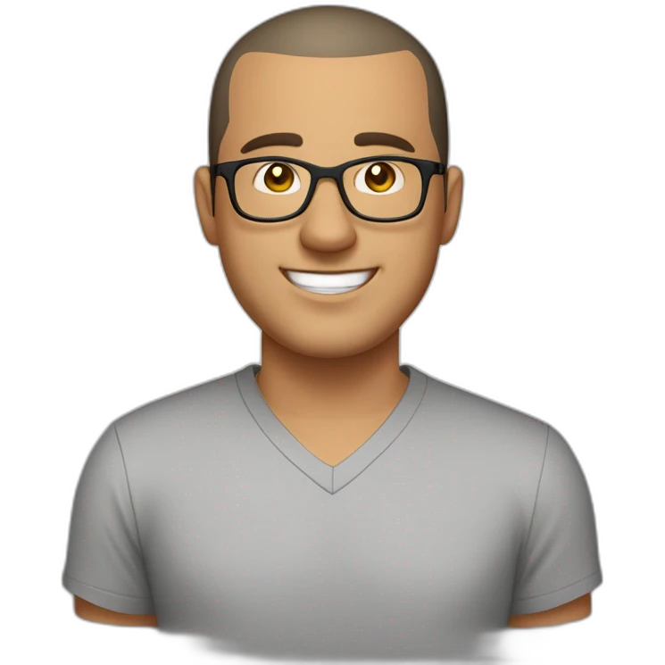 Late 30s man with buzz cut salt and pepper dark hair, thick frame glasses, with a round face and broad smile, medium nose, wearing a v-neck t-shirt emoji