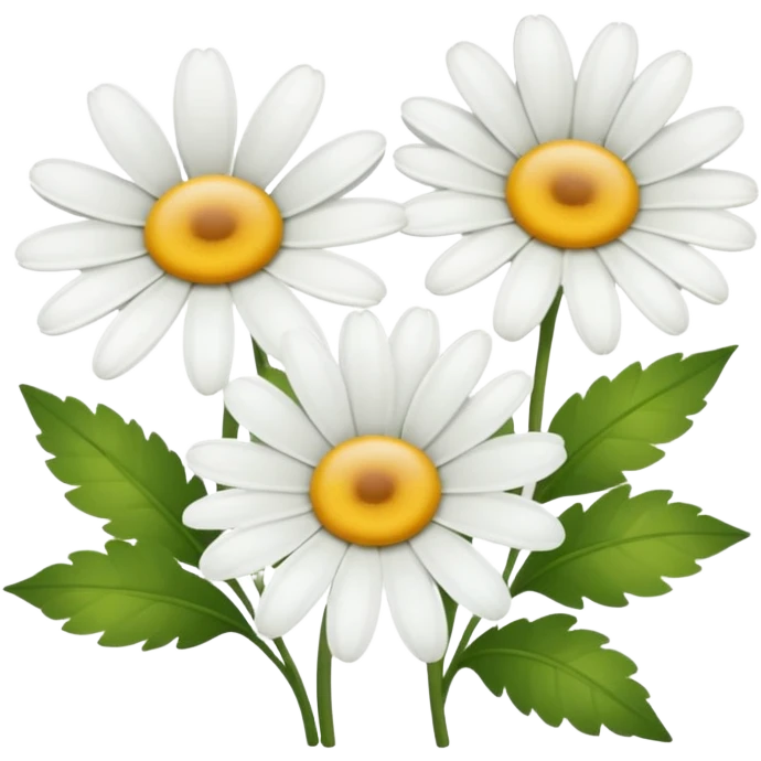 three white daisies with yellow centers and green leaves, cartoon style, soft rounded shapes, clean background emoji