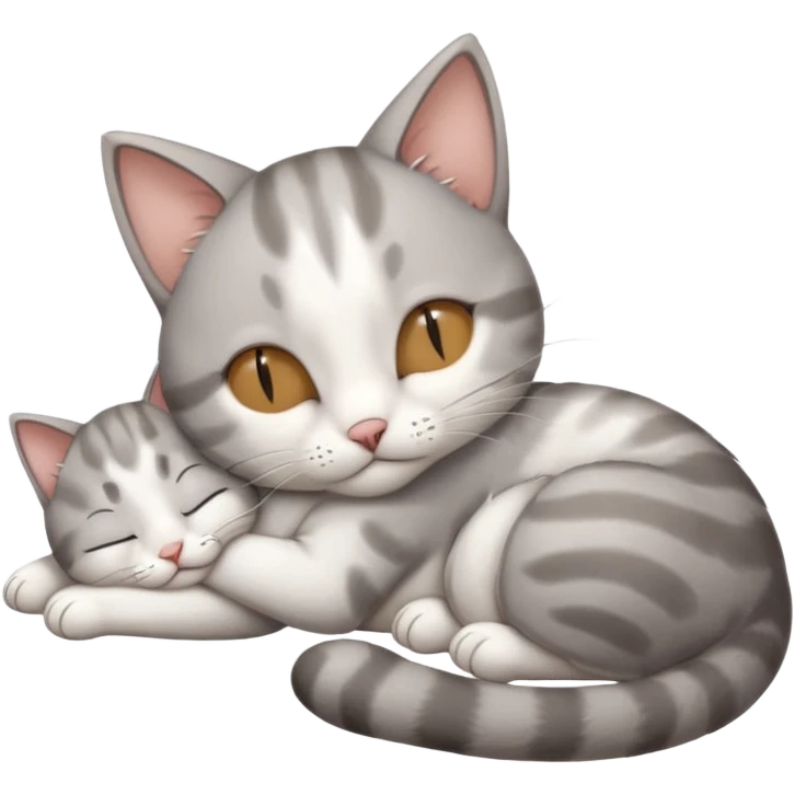 grey and white small cat with its eyes closed lying down with its paw curled and holding up his head emoji