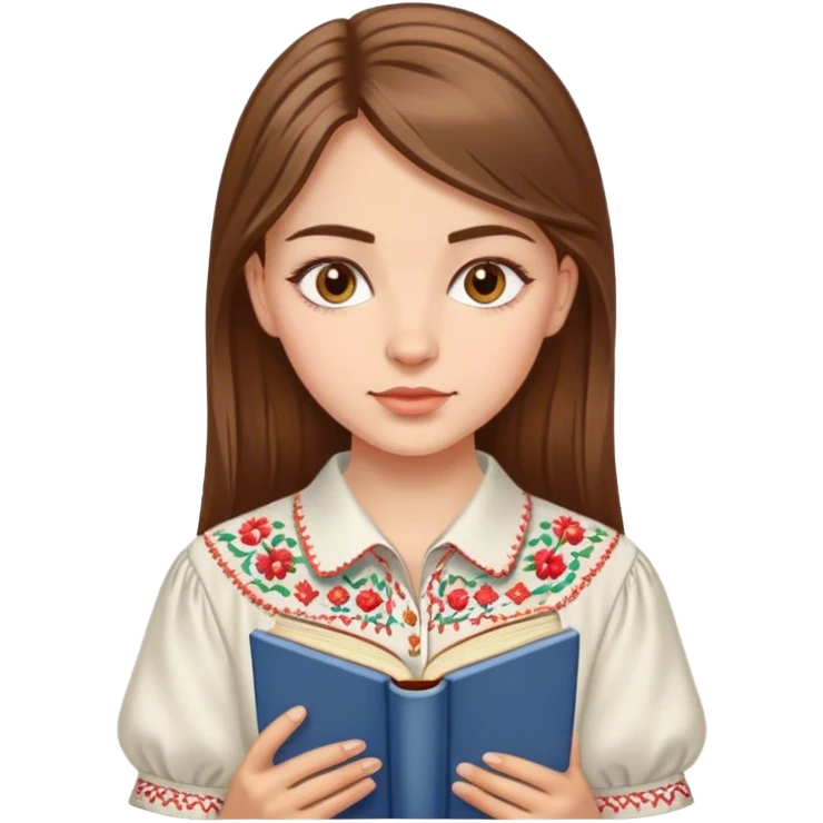 A Ukrainian girl with brown hair in an embroidered shirt reads a book emoji