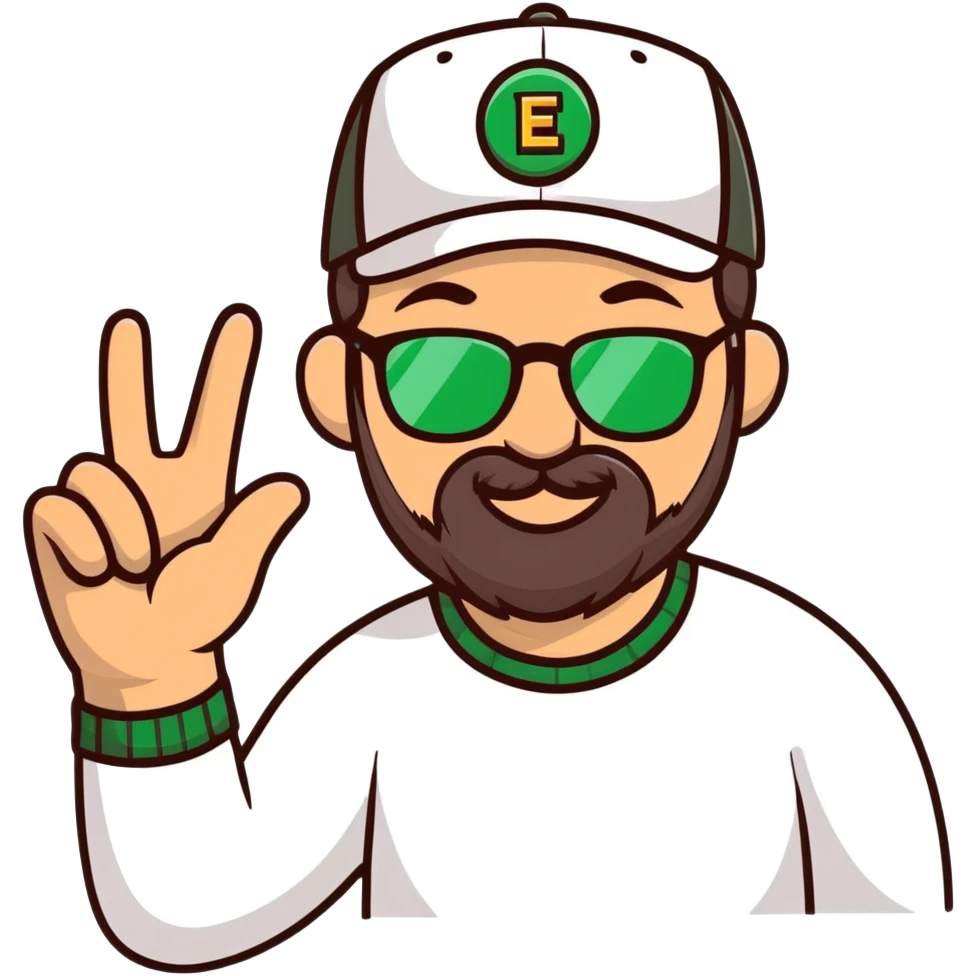 A man with a cap and glasses with dark brown beard and green eyes is waving with a hand hello emoji