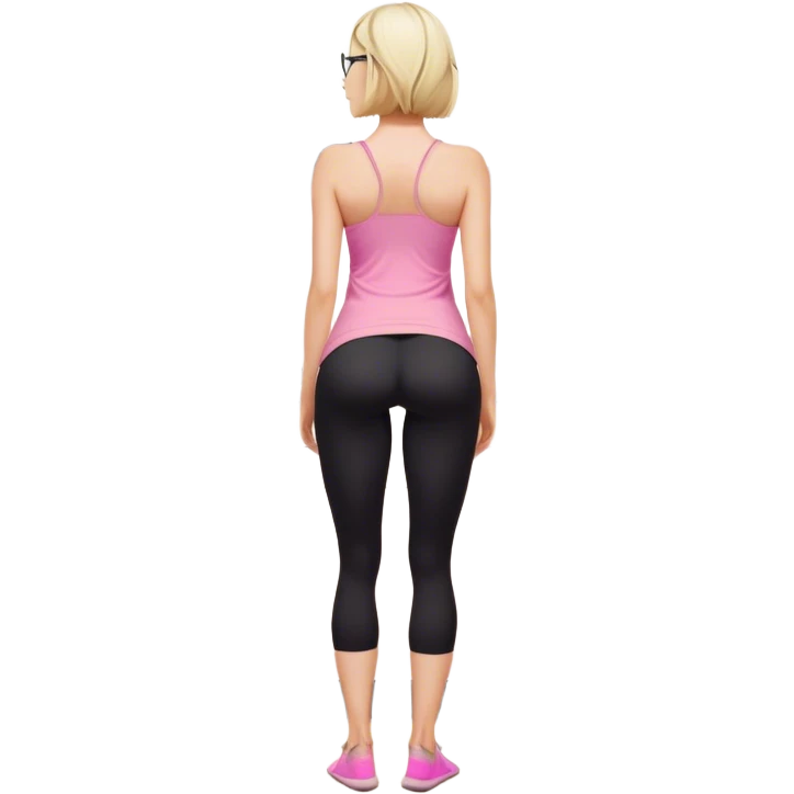 View from knees up, view from the back, fair skinned woman, thick milf, short blond hair, small reading glasses, cooking dinner in kitchen, pink loose tank top, showing natural B cup breast shape SFW, black yoga pants, large curvy booty emoji