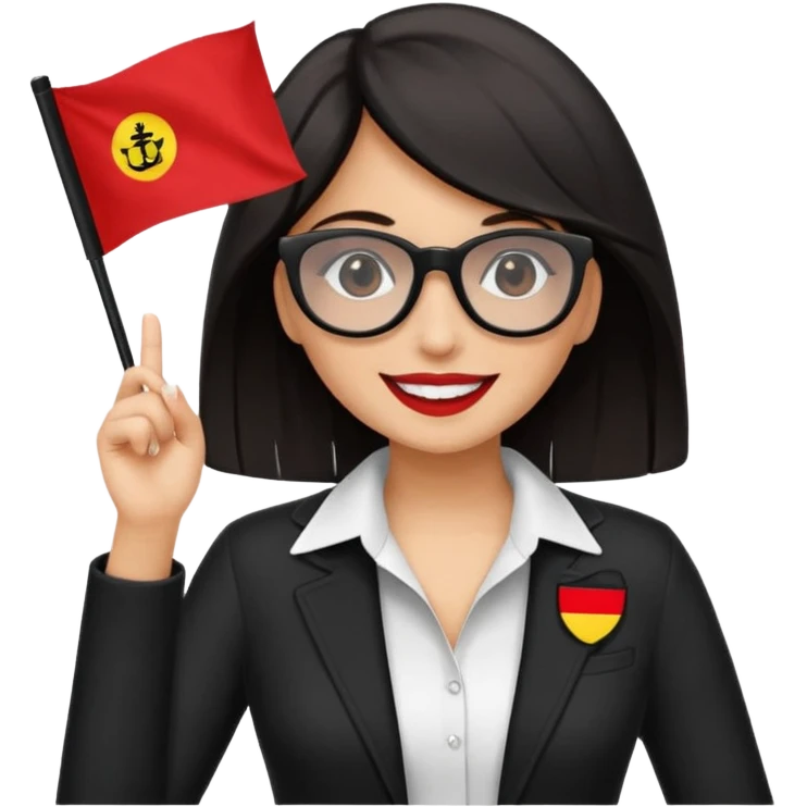 Una mujer morena (de pelo)  con una coleta de color negro) y gafas de sol de color negro y una bandera roja en la mano emoji