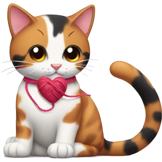 Calico cat playing with heart shaped yarn emoji