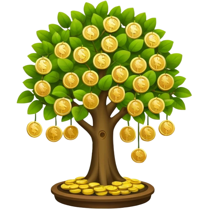 Apple-style money tree, round soft green canopy.
No pot, no ground — only the tree.
Small gold coins as fruits inside the leaves (not below).
Flat 2D vector, clean shapes, no gradients.
Dark near-black background, premium fintech icon. emoji