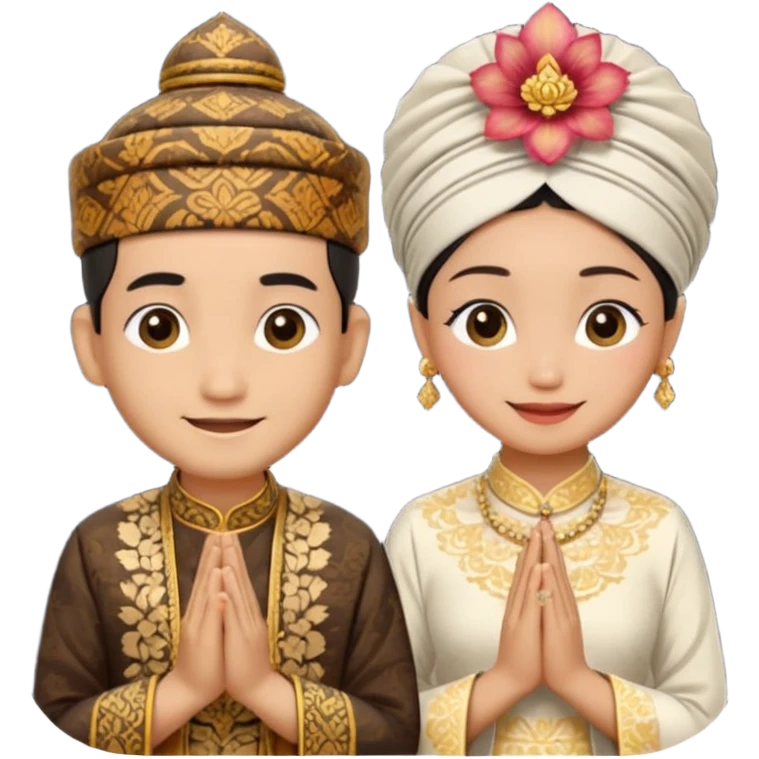 javanese person with shy smile (male) with batik blangkon hat and prayer hand, and also a javanese bride with sanggul or javanese classic updo and a shy smile emoji