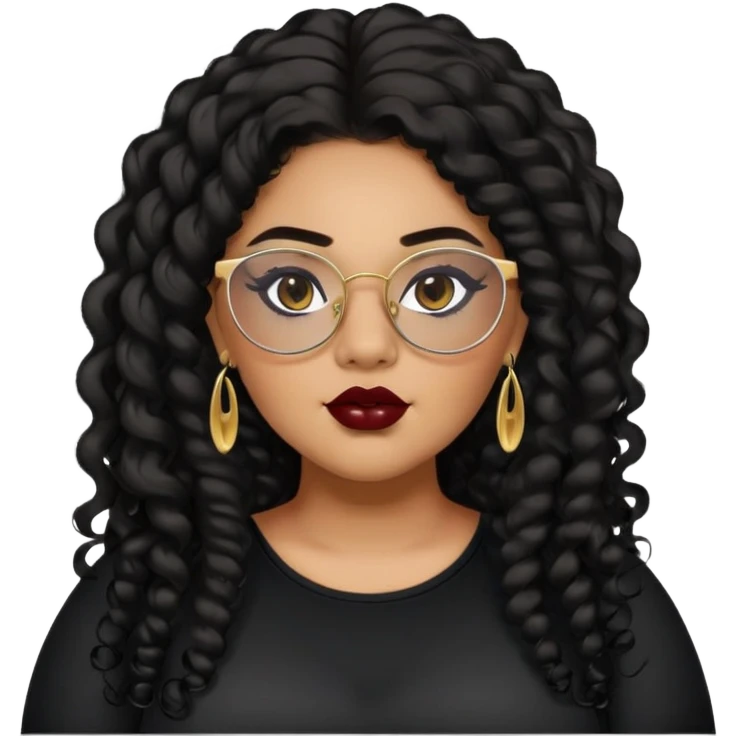 teen big plus size, latina, darker tan skin, gold earring, long black curly hair, baddie,pretty, makeup, dark red lipgloss, black eyeliner, long hair, black top, black glasses emoji