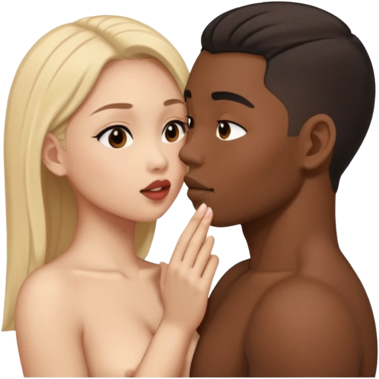 Nude light-skinned female giving fellatio to darker-skinned asian male emoji
