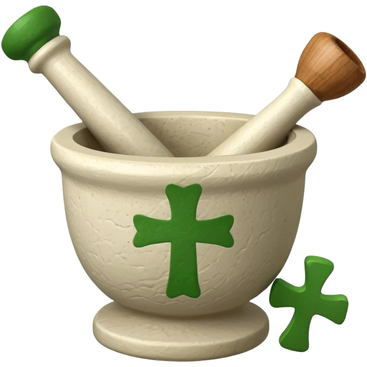 mortar with pestle, with green cross on mortar. only one pestle emoji