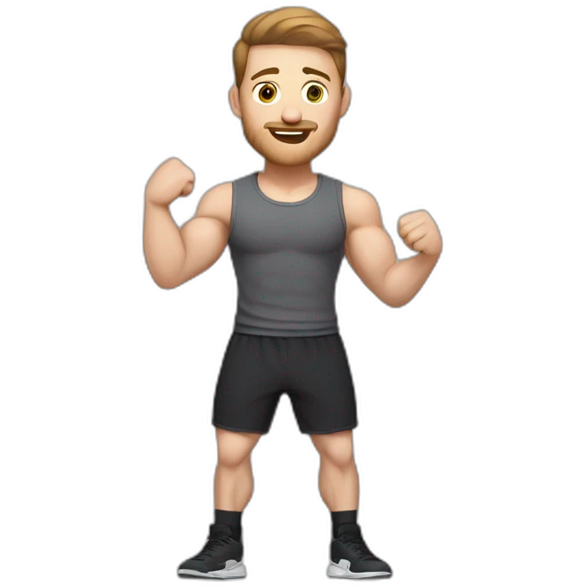 Close up Actively gesturing  with hands Pale skinned Fit Man With the biceps and brown hair in dark gray Sleeveless Mike, black oversize sports shorts, watch and white Sneakers emoji