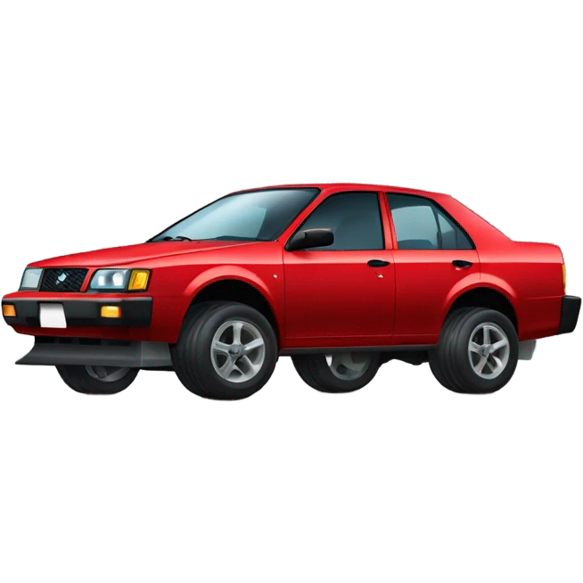 red Nissan Sentra with monster truck wheels emoji