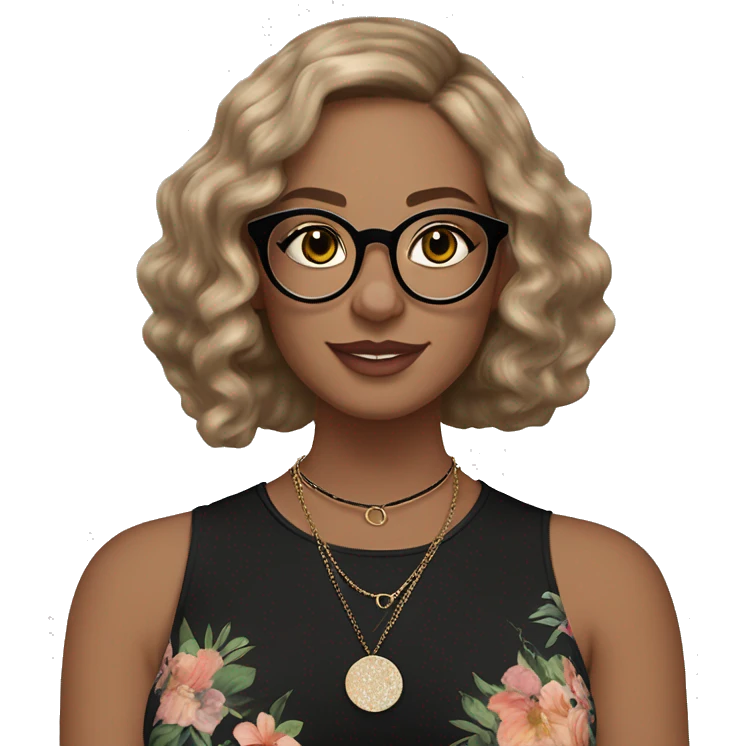 Woman with shoulder-length wavy dark blonde hair, fair complexion with freckles, cat eye makeup, wearing a black floral blouse, thin necklace with a round pendant, multiple rings, and bracelets. large glasses with thin frame emoji