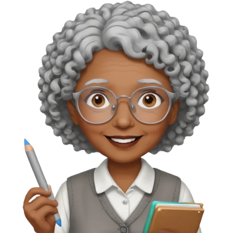 old woman teacher, brown skin, curly grey white hai, wearing glasses, hold chalk on hand emoji