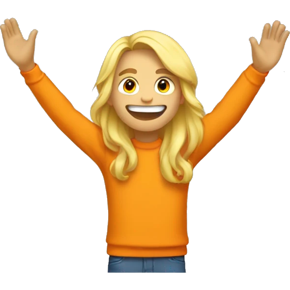 a teenager who only sees his torso and who has long blond hair and a yellow sweater and an orange backpack who has a big smile and who raises his arms in the air while looking up emoji