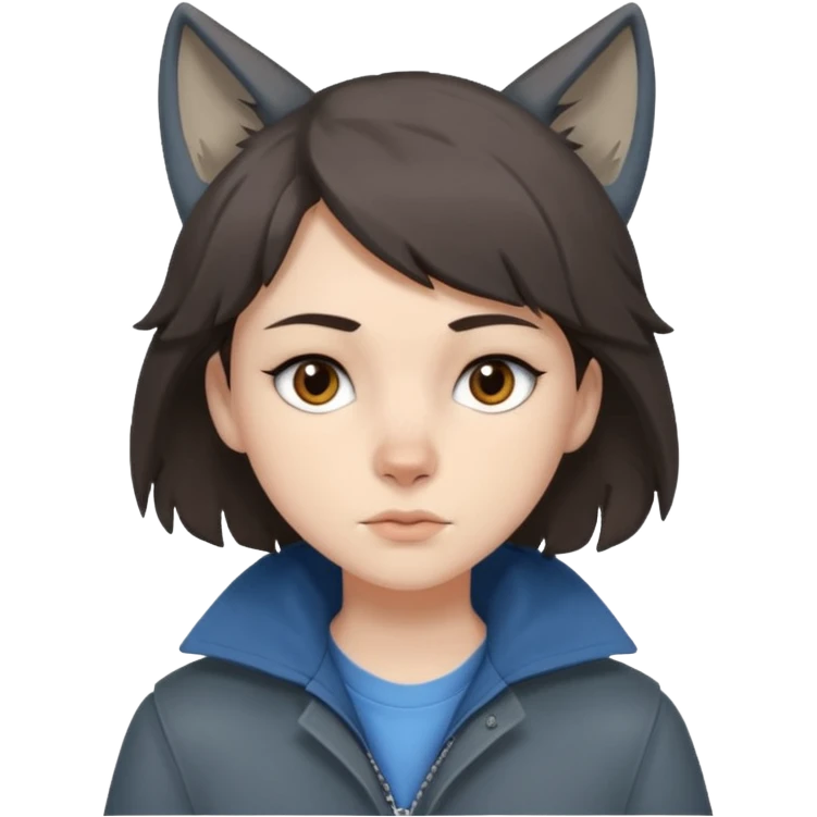 Hobo tomboy with dark brown hair in a wolf cut style, brown eyes, dirty dark grey coat, blue-grey shirt. emoji