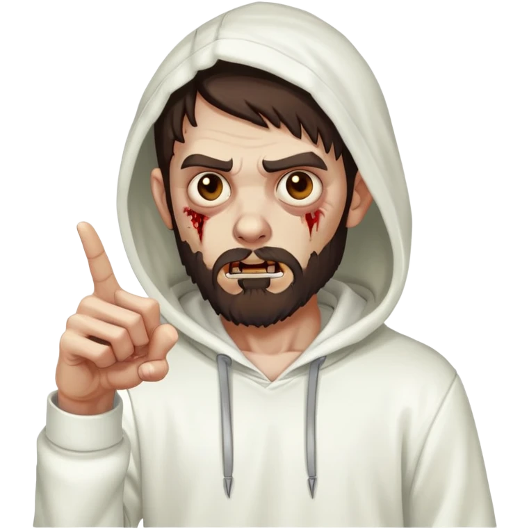 zombie pointing finger wearing white hoodie, with dark brown hair and short full beard emoji