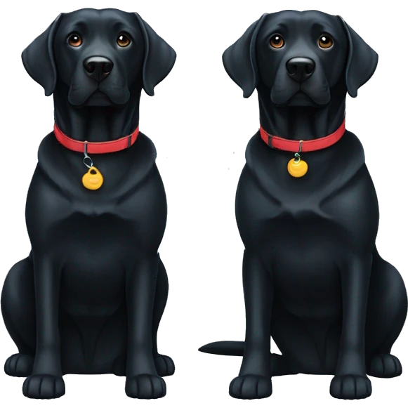 2 black labradors. one on left is smaller with a light blue collar. dog on right with red collar. emoji