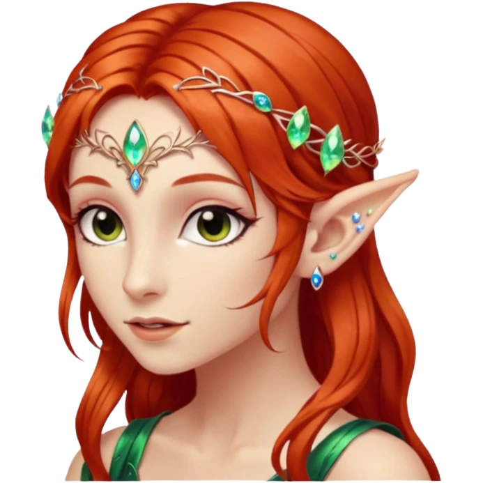 portrait of red haired Elvish fae shiny sparkly iridescent translucent diaphanous ear climber ear cuff emoji