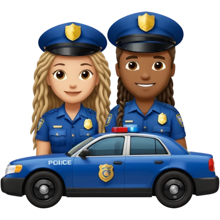 African American male police officer with long dreadlocks with Caucasian woman police officer both sitting in New York police car emoji