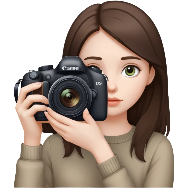 beautiful pale brunette girl taking photos with canon camera eyes down emoji