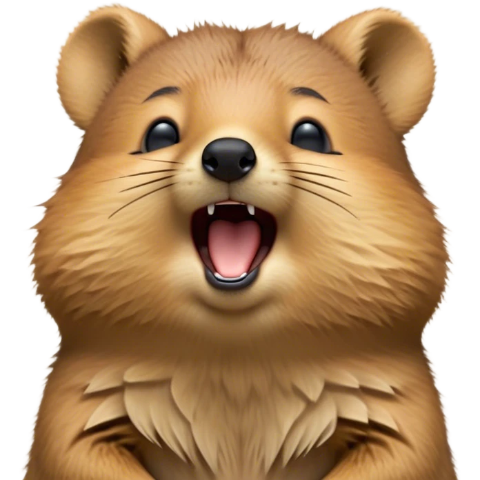 Cinematic Cute Yawning Quokka Portrait Emoji, Head tilted slightly with a dramatic, wide-open yawn, showcasing a soft, downy brown fur with a slightly droopy expression and eyes barely open in drowsy contentment, Simplified yet irresistibly adorable features, highly detailed, glowing with a soft, cozy glow, high shine, relaxed yet expressive, stylized with a touch of playful charm, bright and endearing, soft glowing outline, capturing the essence of a sleepy yet affectionate quokka, so drowsy it feels like it could stretch out of the screen and curl up for a nap! emoji