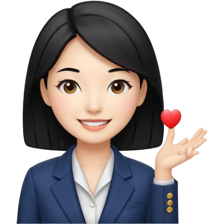 a korean cosmetics marketing expert women smiling with black hair, presenting emoji