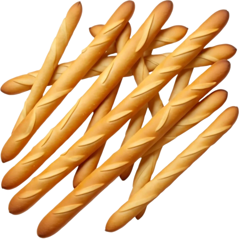loose cluster of thin crunchy breadsticks with golden-brown slightly blistered surface and subtle curves, straight or slightly uneven sticks, crisp dry textures, rustic baked look, no packaging, no dip, no extras, soft lighting, subtle shadows, emoji scale emoji