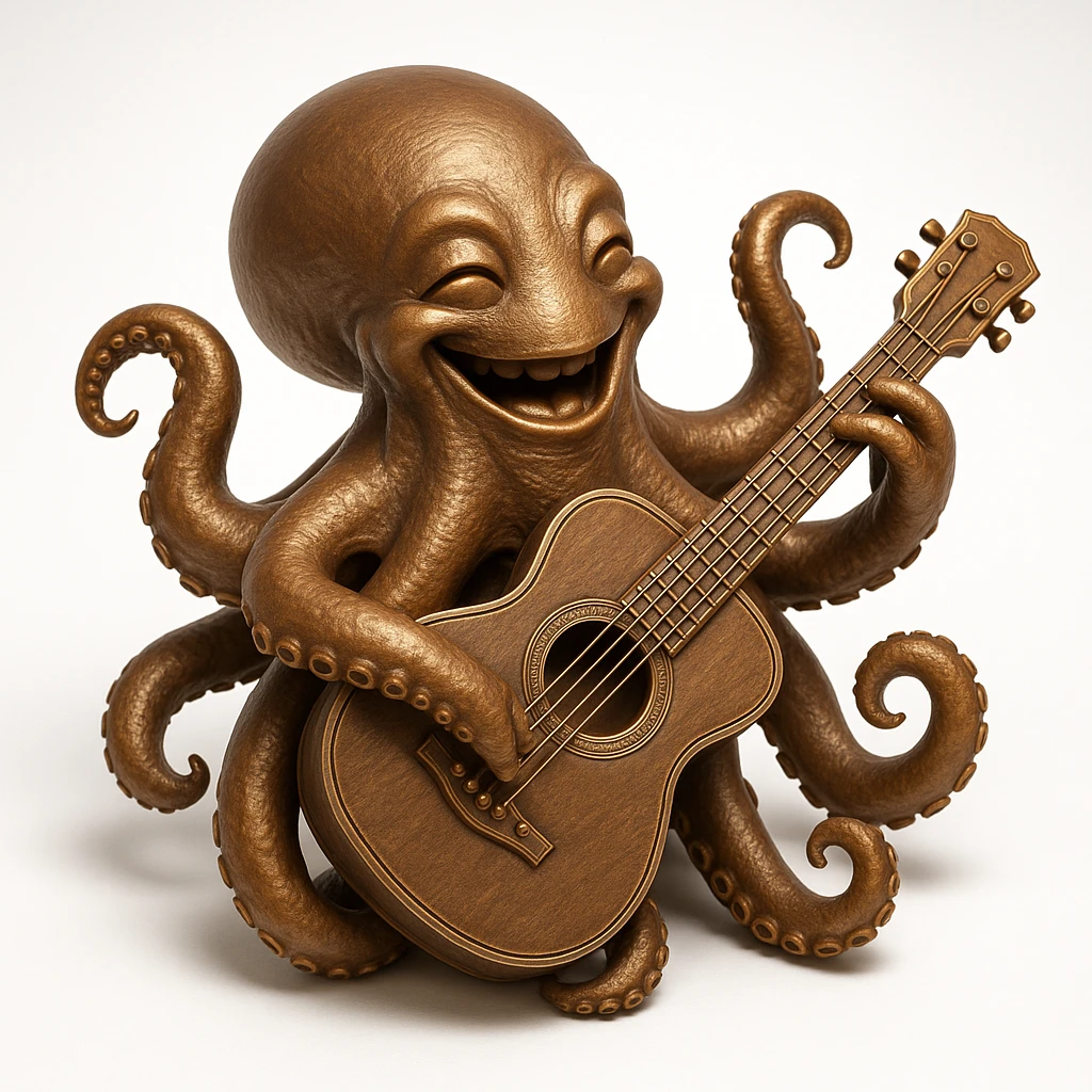 happy octopus with multiple arms playing guitar emoji