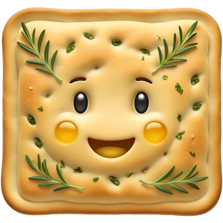 Cinematic Realistic Focaccia Bread Dish Emoji, depicted as a golden, olive oil brushed flatbread sprinkled with herbs rendered with lifelike texture and soft, appetizing lighting. emoji