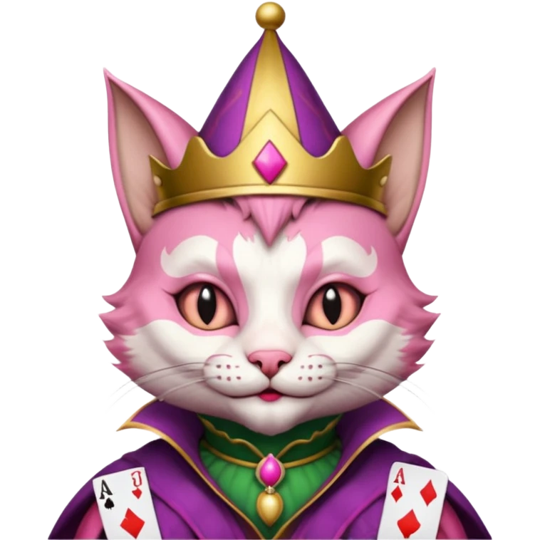 court jester cat medieval, single poker card joker clearly visible, pink, face only emoji