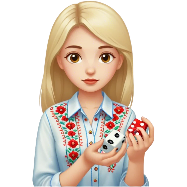 A Ukrainian girlin an embroidered shirt holds a dice in her hand emoji