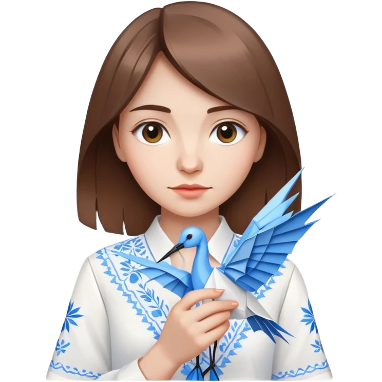 A Ukrainian young girl with brown hair wearing a white embroidered shirt holds an origami blue crane emoji